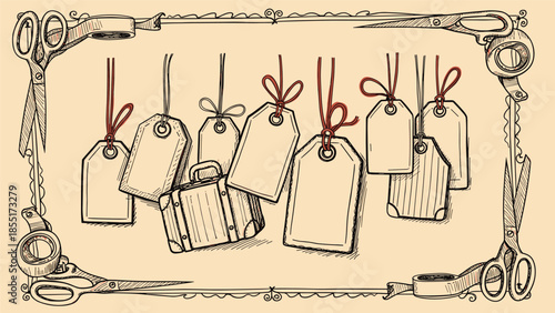 Hand-drawn vintage illustration of blank hanging price tags and a suitcase, enclosed within a decorative frame made of scissors.