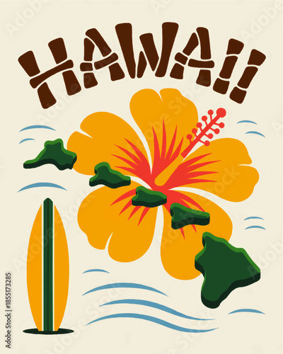 Retro Hawaii travel poster with hibiscus flower, island map illustration and surfboard over tropical ocean waves, summer vacation art