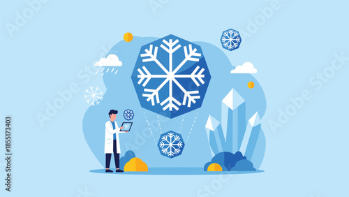 Modern flat design illustration of a scientist analyzing a large snowflake icon with a tablet, symbolizing weather technology.