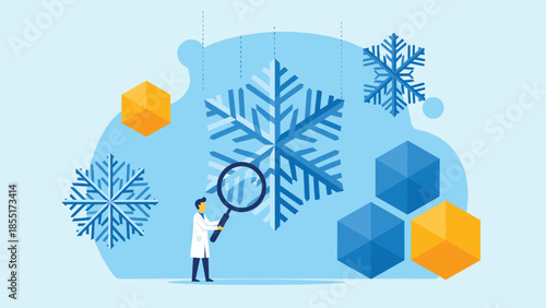 Scientist in a lab coat using a magnifying glass to study a large, intricate snowflake, representing scientific research and analysis.