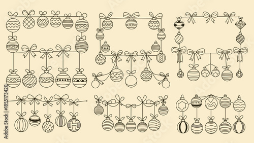 Hand-drawn collection of festive Christmas ornament borders and garlands with bows, perfect for holiday cards and decorations.