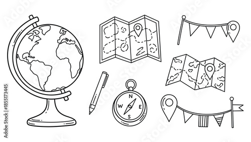 Collection of hand-drawn black and white travel and geography icons including a globe, maps, compass, and location markers.