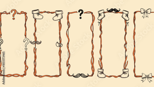 Hand-drawn doodle frames for a gender reveal party or baby shower, decorated with question marks, mustaches, bows, and booties.