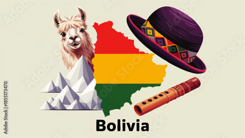 Bolivia culture illustration with llama Andes mountains map flag traditional hat and flute on light background for travel design
