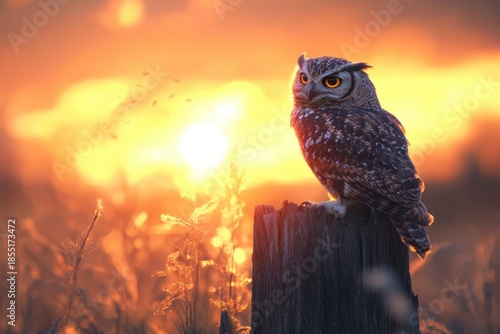 Owl perched on a tree stump against a beautiful sunset