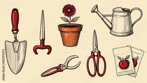 Vintage-style gardening equipment collection with a trowel, watering can, potted flower, and pruning shears for horticulture projects.