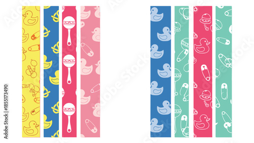 Colorful collection of vertical seamless borders and patterns for a baby shower, featuring cute ducks, rattles, and pins.