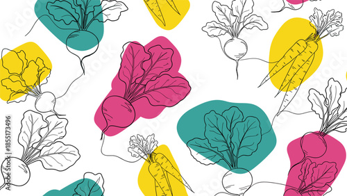 Modern seamless pattern with line art root vegetables like beets and carrots layered over colorful abstract shapes on a white background.
