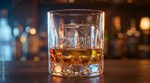 Premium Whiskey Glass with 2026 Embossed Ice Cube | Luxury New Year Celebration & Nightlife Concept | Dark Moody Bar Background