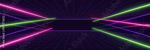 Futuristic neon tunnel with glowing laser lines, retro 80s cyber grid background, sci fi perspective space for technology design