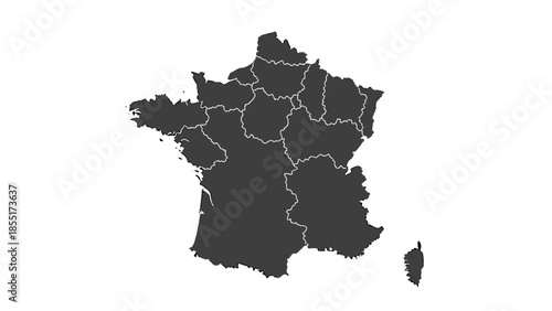 Dark gray silhouette map of France showing the administrative borders of its regions, isolated on a clean white background for infographics.