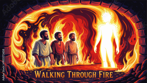 Fiery furnace Bible illustration of three men and radiant angelic figure walking through flames, religious faith and divine protection art
