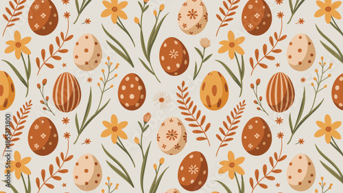 Earthy tones easter pattern with decorated eggs and spring daffodils, seamless floral design Vector