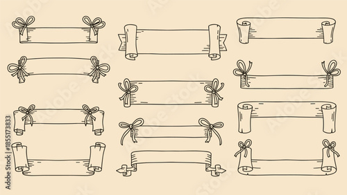 Collection of hand-drawn vintage ribbon banners and parchment scrolls tied with bows, created in a classic black line art sketch style.