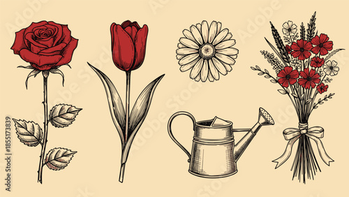 Hand-drawn collection of garden elements including a red rose, tulip, a watering can, and a wildflower bouquet in a vintage sketch style.