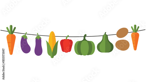 Simple flat vector illustration of a festive garland made from various colorful vegetables hanging on a string for a harvest theme.
