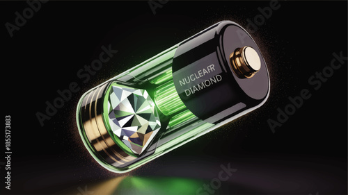 Futuristic nuclear diamond battery with glowing green energy core and crystal power cell on dark black background illustration
