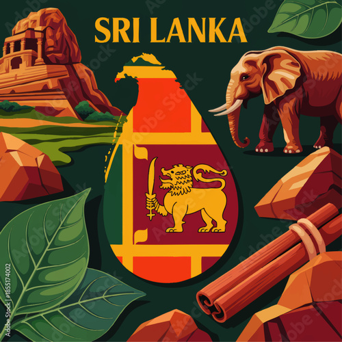 Sri Lanka travel illustration with national flag map, elephant, ancient rock temple, cinnamon and green tropical leaves on dark background