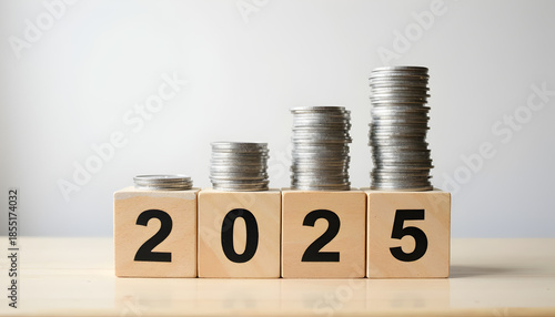 Wallpaper Mural Wooden cubes forming year 2025 with stack of growth coins symbolizing financial annual plan, savings, budget, investment and New Year resolution concept Torontodigital.ca