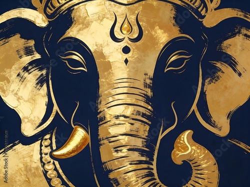 Majestic golden Ganesha elephant deity illustration with rich brush strokes against a deep blue background, embodying spirituality.