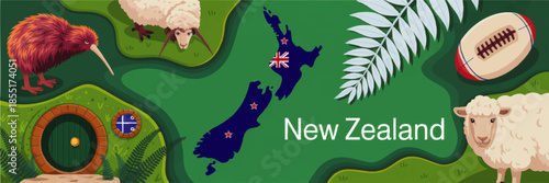 New Zealand travel banner with kiwi bird, sheep, fern, rugby ball and map illustration, colorful tourism background design