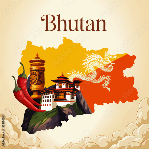 Bhutan travel illustration with dragon, dzong monastery, prayer wheel and chili peppers on colorful map with clouds background