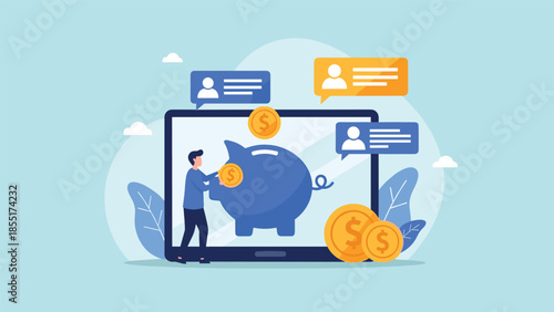 Concept of online savings and digital banking with a man putting money into a piggy bank on a tablet screen.