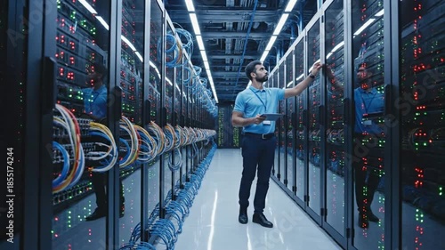 Man working in data center with server racks and cables