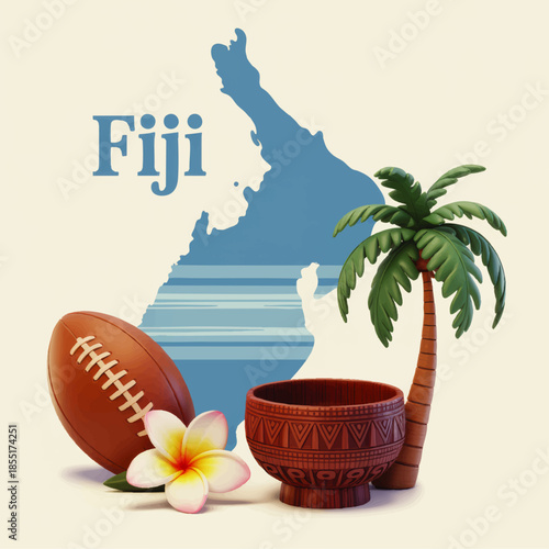 Fiji travel illustration with map, tropical palm tree, rugby ball, kava bowl and frangipani flower on pastel background