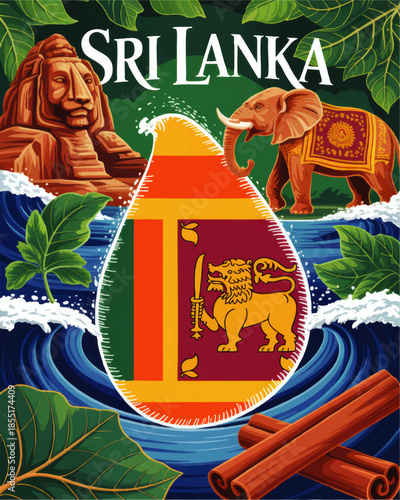Sri Lanka travel illustration with national flag, elephant, lion symbol, Sigiriya rock, cinnamon and tropical leaves, tourism poster