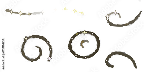 A dark background with swirling lines and bright sparkling star like elements