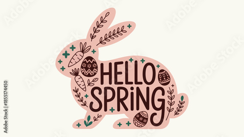Hello spring pink bunny silhouette with easter eggs and floral decoration Vector