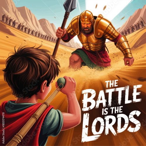 Epic David and Goliath Bible Illustration, Christian Inspirational Poster with Young Hero, Giant Warrior, Desert Battle Scene