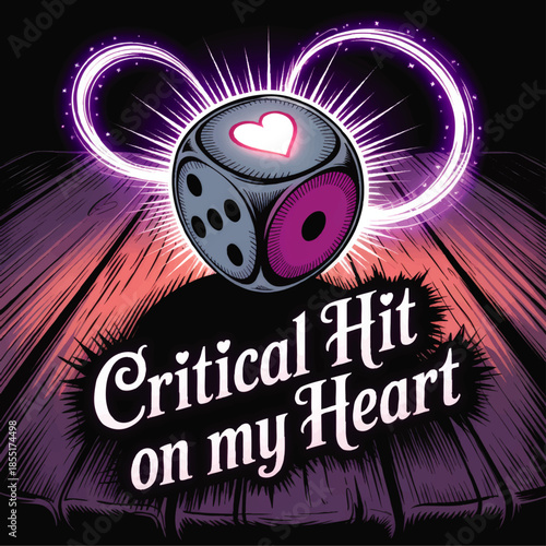 Critical Hit on My Heart romantic tabletop dice illustration, neon fantasy gamer love art for nerd couple Valentines