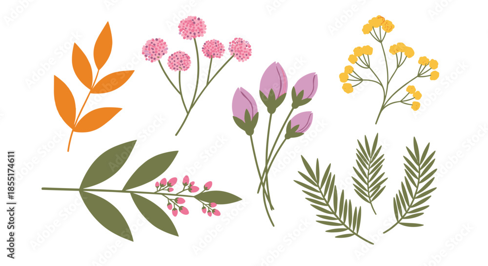 Obraz premium Set of delicate flower sprigs and leaves in various colors including pink, yellow, orange, and green in a collection.