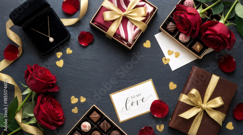 Flat lay Valentine’s Day composition with gifts, roses, chocolates and love card