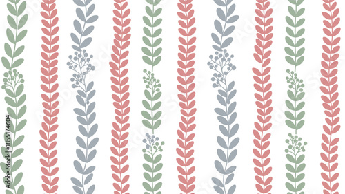 Charming seamless vertical pattern of simple leafy vines with berries in a soft pastel palette of pink, green, and dusty blue-gray.