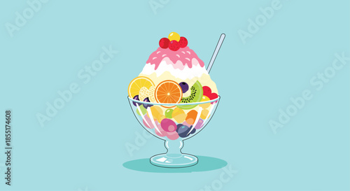Large colorful bowl of shaved ice dessert topped with various fresh fruits, sweet syrup, and a serving spoon.