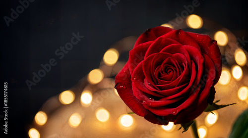 Close-up of red rose with warm bokeh lights on dark background