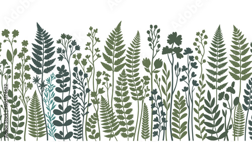 Horizontal silhouette border of various wild grasses, ferns, and meadow flowers in natural shades of green on a clean white background.