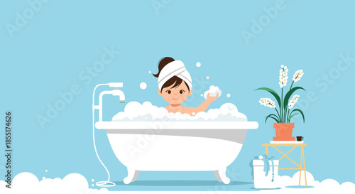 Young woman relaxing in a white clawfoot bathtub filled with soap bubbles in a bright and calm blue bathroom.