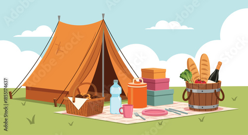 Camping scene with an orange tent, a picnic blanket, a bread basket, wine, and food containers on a grassy field.