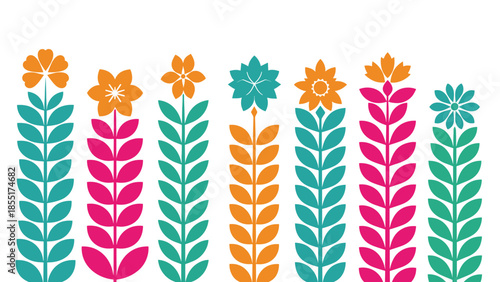 Vibrant horizontal border of colorful stylized flowers on long stems in a playful palette of pink, orange, and teal on white.