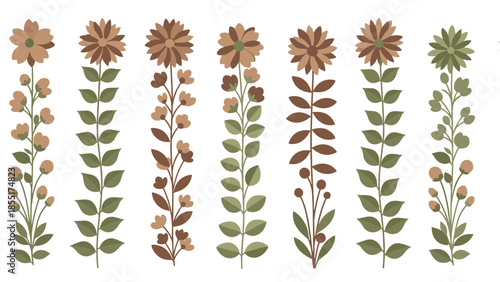 Collection of seven different stylized floral stems and arrangements in muted, earthy tones of brown and olive green on a white background.