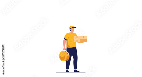 Delivery person wearing a yellow uniform stands holding cardboard boxes while ready to transport packages to customers.