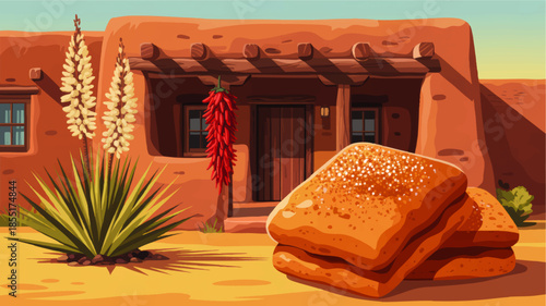 Southwestern adobe house with red chile ristras, yucca plant, and traditional sweet pastries in warm desert sunlight illustration