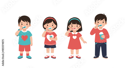 Group of four happy children stand together in a row while brushing their teeth as part of a healthy morning routine.