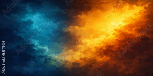 A vibrant abstract background features a bright orange flame and hot red motion exploding through dark blue smoke and clouds in a textured sky design