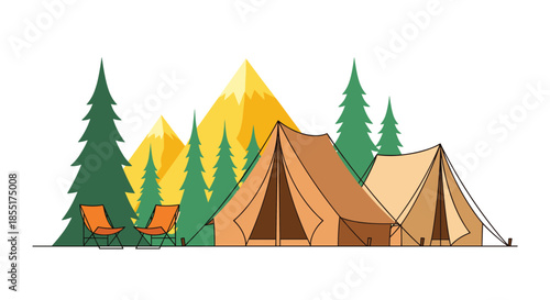 Peaceful camping site features brown tents and orange chairs nestled in a forest of pine trees with yellow mountains.