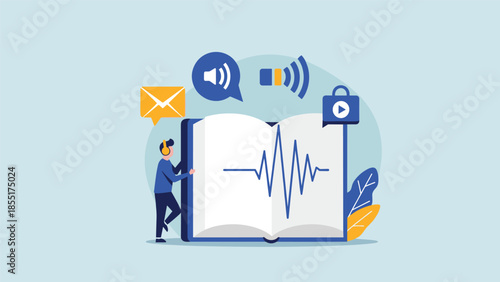 Conceptual illustration of listening to an audiobook or podcast, with a character and a large book showing a soundwave.
